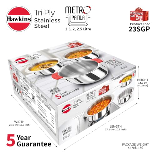 Hawkins Kitchen Gift Pack 2023 (23SGP) – 3-Piece Set (1.5L, 2L, 2.5L) Tri-Ply Stainless Steel Patila, Tope, Bhagona, Tapeli