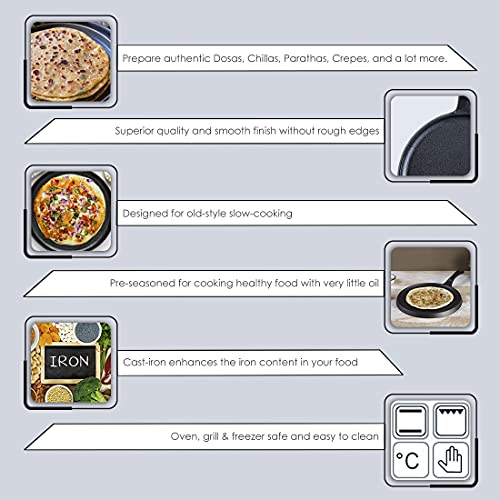 Wonderchef Forza Cast-Iron Dosa Tawa Pan, Pre-Seasoned Cookware, Induction Friendly, 25cm, 3.8mm