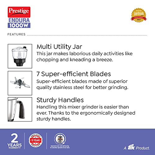 Prestige Endura 1000W Mixer Grinder, 6 Jars (1500 ml, 1000 ml, 1500 ml, 450 ml) (Black, Silver)