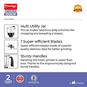 Prestige Endura 1000W Mixer Grinder, 6 Jars (1500 ml, 1000 ml, 1500 ml, 450 ml) (Black, Silver)