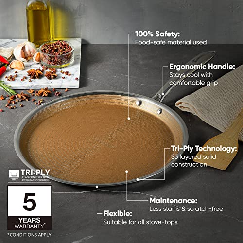 BERGNER Hitech Giro Gold Triply Stainless Steel Scratch Resistant Non Stick Tawa/Dosa Tawa, 30 cm, Induction Base, Food Safe (PFOA Free), 5 Years Warranty, Silver