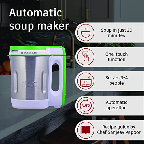 Wonderchef Automatic Soup Maker | 1.0 Litre | 800 Watts Heater | SS Blades & Bowl (Jug) | Soup in just 20 mins | 2 Years Warranty | White, Green & steel