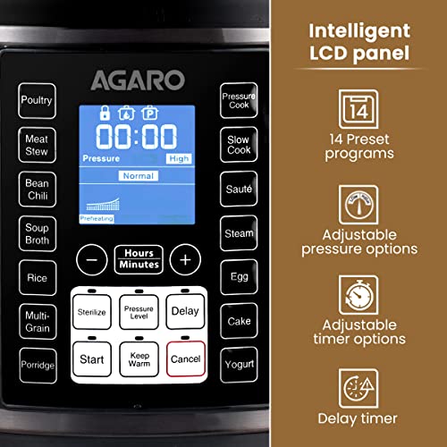 AGARO Imperial Electric Pressure Cooker, 6 litre, 14 Pre-Set multi Cooking Functions, Adjustable Pressure, Timer, Stainless Steel Pot, Pressure Cook, Slow Cook, Saute & More, Black, Outer Lid