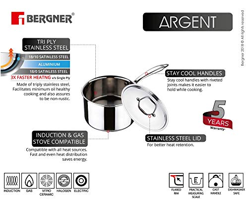 BERGNER Argent Tri-ply 1.6 Litre Sauce Pan 16 cm diameter with Lid 1.6 L  capacity Price in India - Buy BERGNER Argent Tri-ply 1.6 Litre Sauce Pan 16  cm diameter with Lid