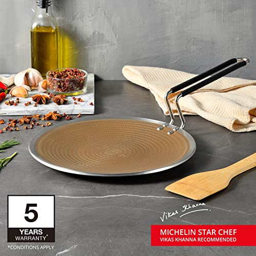 BERGNER Hitech Giro Gold Triply Stainless Steel Scratch Resistant Non Stick Tawa/Roti Tawa, 26 cm, Induction Base, Food Safe (PFOA Free), 5 Years Warranty, Silver