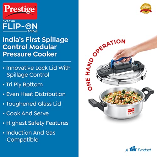 Prestige Svachh FLIP-ON Mini SS Pressure Cooker 18 cm-2 L with Glass Lid