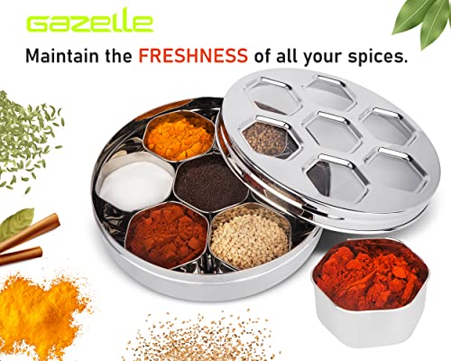 GAZELLE Masala Box for Kitchen With See Through Lid In Stainless Steel Spice Box for Kitchen Storage Masala Container Dabba Namak Dani For