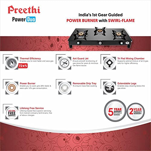 Preethi Bluflame Sparkle Power Duo 3 Burner Glass top Gas Stove with Power Burner and Swirl flame technology, saves gas and cooks faster, Manual Ignition, Black