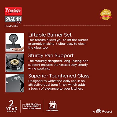 Prestige Svachh Duo GTSD 02 Toughened Glass with Liftable 2 Burners Gas Stove