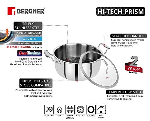 BERGNER Hitech Triply Stainless Steel Non Stick Serving Pan With Glass Lid, 28 cm, 5.7 Litres, Induction Base, Food Safe (PFOA Free)