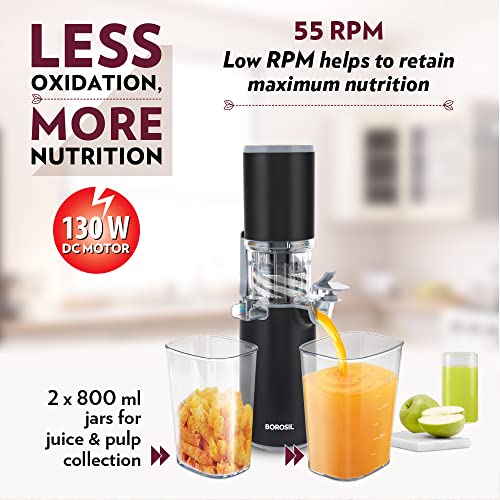Borosil Easy Juice Cold Press Slow Juicer, Portable Slow Juicer, Compact Design, Less Oxidation, For Fresh Fruits & Vegetables, 130 W