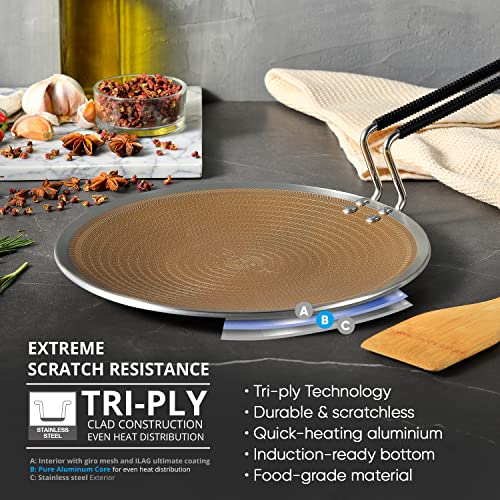 BERGNER Hitech Giro Gold Triply Stainless Steel Scratch Resistant Non Stick Tawa/Roti Tawa, 26 cm, Induction Base, Food Safe (PFOA Free), 5 Years Warranty, Silver