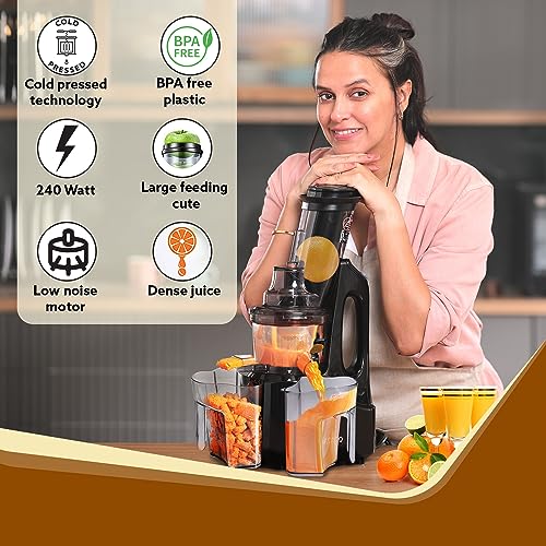 AGARO Royal Slow Juicer, Professional Cold Press Whole Slow Juicer, 240 Watts Power Motor, 120 Minutes Long Usage, 3 Strainers, All-in-1 Fruit & Vegetable Juicer, Black