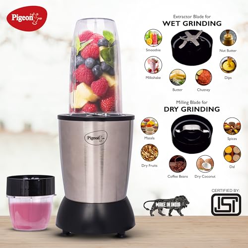 Pigeon by Stovekraft 900 Watts Nutri Mixer with 3 Food Grade Jars || Smoothie/Juicer Jar 0.8 Litre|| Multipurpose Jar 0.5 Litre|| Dry Grinding Jar 0.2 Litre (Additional Sipper Cap Attachment), Silver