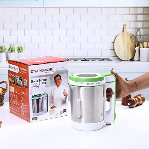 Wonderchef Automatic Soup Maker | 1.0 Litre | 800 Watts Heater | SS Blades & Bowl (Jug) | Soup in just 20 mins | 2 Years Warranty | White, Green & steel