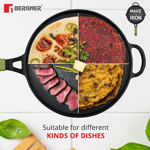 Bergner Elements Pre-Seasoned Cast Iron Tawa, 30 cm, Induction Friendly (Olive Green)
