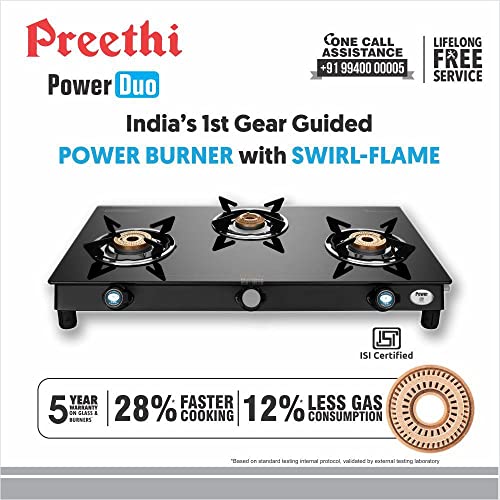 Preethi Bluflame Sparkle Power Duo 3 Burner Glass top Gas Stove with Power Burner and Swirl flame technology, saves gas and cooks faster, Manual Ignition, Black