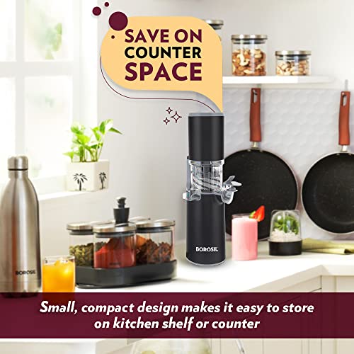 Borosil Easy Juice Cold Press Slow Juicer, Portable Slow Juicer, Compact Design, Less Oxidation, For Fresh Fruits & Vegetables, 130 W