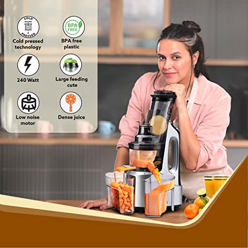 AGARO Imperial Slow Juicer, Professional Cold Press Whole Slow Juicer, 240 Watts Power Motor, 3 Strainers, All-in-1 Fruit & Vegetable Juicer, Grey/Black