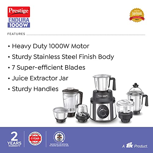 Prestige Endura 1000W Mixer Grinder, 6 Jars (1500 ml, 1000 ml, 1500 ml, 450 ml) (Black, Silver)
