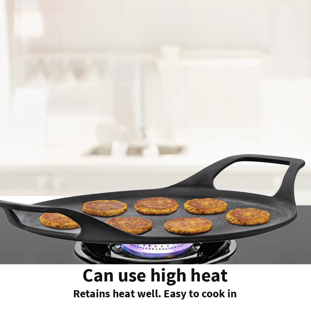 Hawkins Futura 27 cm Cast Iron Dosa Tava, Pre-Seasoned Cast Iron Flat Tawa for Roti, Cast Iron Cookware for Kitchen, Black (CIDT27)