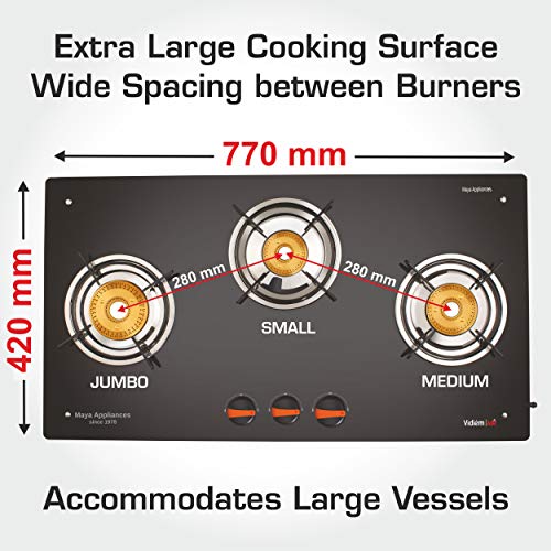 Vidiem Gas Stove G3 121 A Air Plus (Orange) | 3 Burner Gas Stove Frameless | 8mm Glass Gas Stove | Manual Ignition