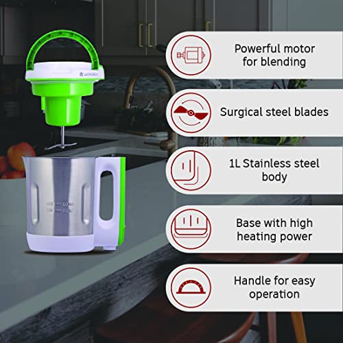 Wonderchef Automatic Soup Maker | 1.0 Litre | 800 Watts Heater | SS Blades & Bowl (Jug) | Soup in just 20 mins | 2 Years Warranty | White, Green & steel