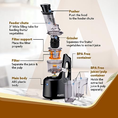 AGARO Royal Slow Juicer, Professional Cold Press Whole Slow Juicer, 240 Watts Power Motor, 120 Minutes Long Usage, 3 Strainers, All-in-1 Fruit & Vegetable Juicer, Black