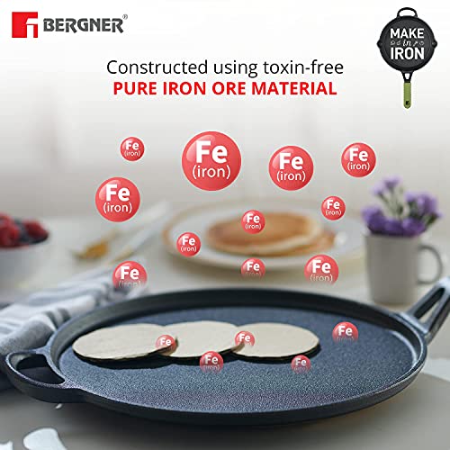 Bergner Elements Pre-Seasoned Cast Iron Tawa, 30 cm, Induction Friendly (Olive Green)