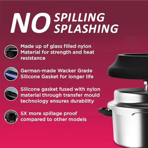 Preethi Stainless Steel Outer Lid 5 Litre Pressure Cooker with Spill Splash Shield For Zero Spill and Zero Splash (Induction Base)