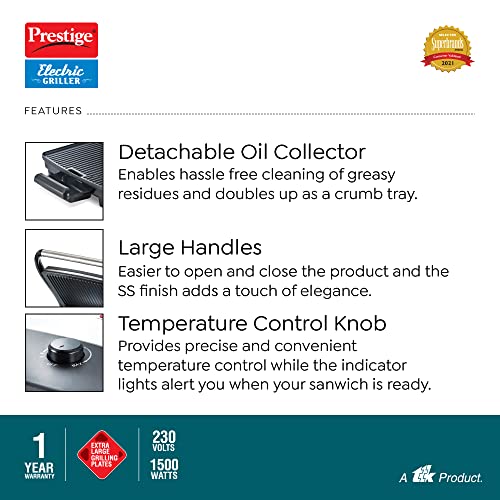 Prestige PEG 1.0 Electric Grill 1500 W with Detachable Oil Collector (Silver and Black)