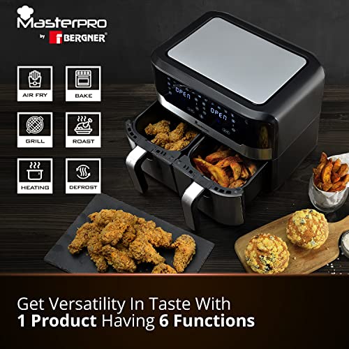Bergner Master Pro Multifunctional Dual Air Fryer - Air Fry, Bake, Grill, Roast, Heat, Defrost, 9L, 1700W, LED Display with Touchscreen, 11 customizable programs, with Accessories, Silver