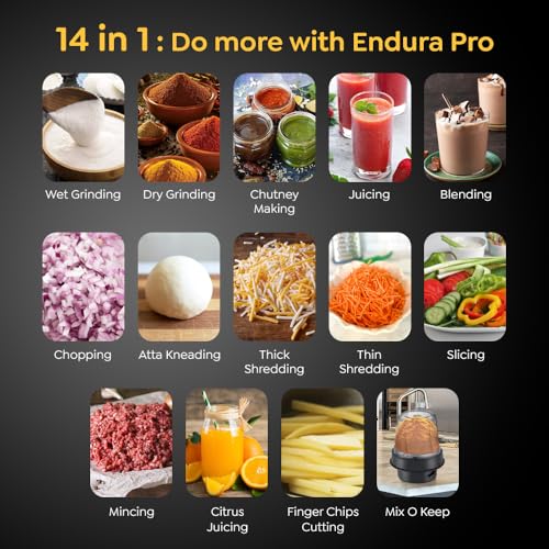 Prestige Endura Pro 1000W Multi Functional Mixer Grinder with Ball Bearing Technology|6 Jars with food processing attachments |14 different functionalities