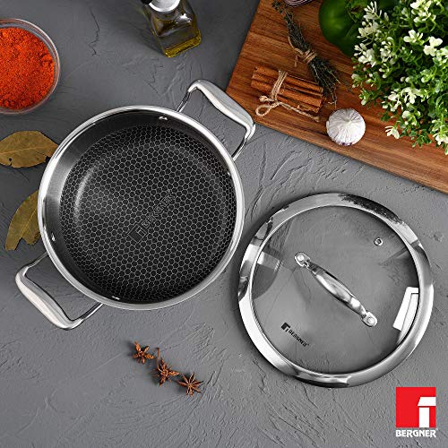 BERGNER Hitech Triply Stainless Steel Non Stick Serving Pan With Glass Lid, 28 cm, 5.7 Litres, Induction Base, Food Safe (PFOA Free)