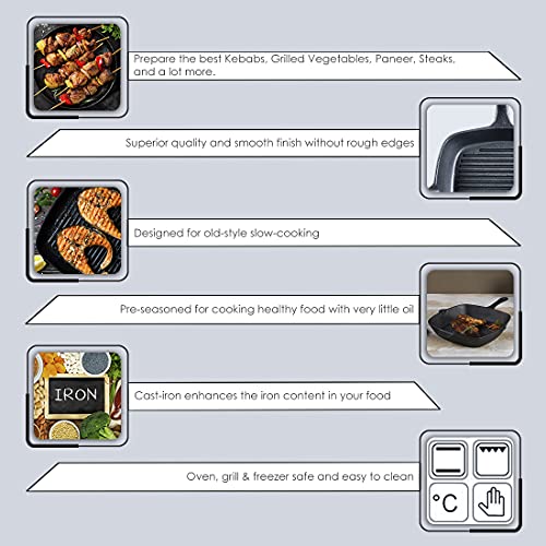 Wonderchef Forza Cast-Iron Grill Pan, Pre-Seasoned Cookware, Induction Friendly, 26cm, 3.8mm