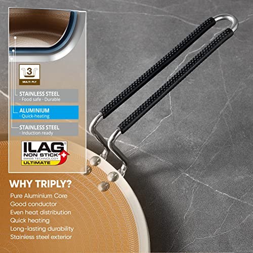 BERGNER Hitech Giro Gold Triply Stainless Steel Scratch Resistant Non Stick Tawa/Roti Tawa, 26 cm, Induction Base, Food Safe (PFOA Free), 5 Years Warranty, Silver