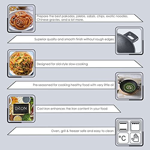 Wonderchef Forza Cast-Iron Kadhai, Pre-Seasoned Cookware, Induction Friendly, 24cm, 1.9L, 3.8mm