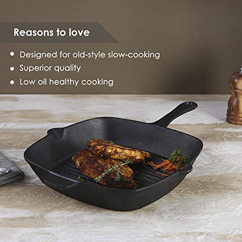 Wonderchef Forza Cast-Iron Grill Pan, Pre-Seasoned Cookware, Induction Friendly, 26cm, 3.8mm