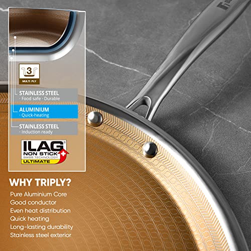 BERGNER Hitech Giro Gold Triply Stainless Steel Scratch Resistant Non Stick Tawa/Dosa Tawa, 30 cm, Induction Base, Food Safe (PFOA Free), 5 Years Warranty, Silver