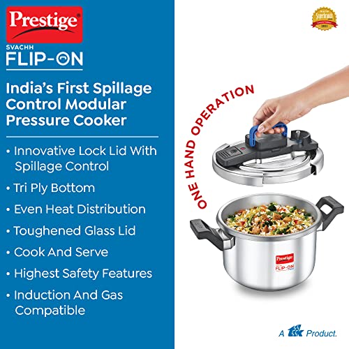 Prestige Svachh FLIP-ON SS Pressure Cooker 22 cm-5 L with Glass Lid