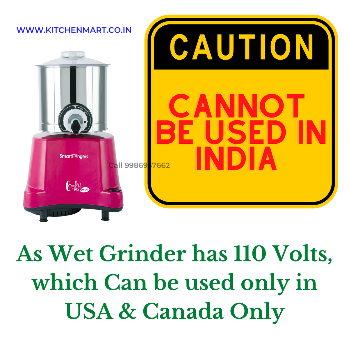 SmartFingers Comfort Plus Mini Table Top Wet Grinder, 1.25 Liter, 110 volts for use in usa and Canada only