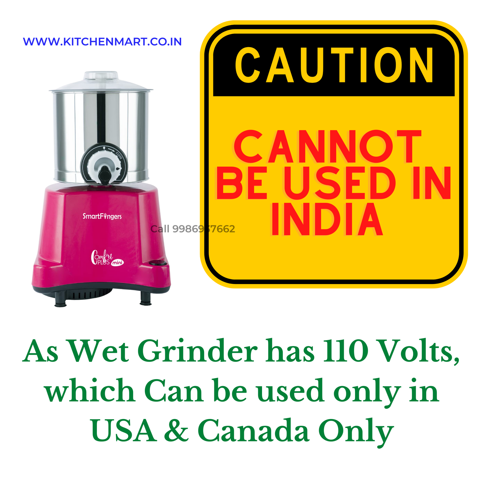 SmartFingers Comfort Plus Mini Table Top Wet Grinder, 1.25 Liter, 110 volts for use in usa and Canada only