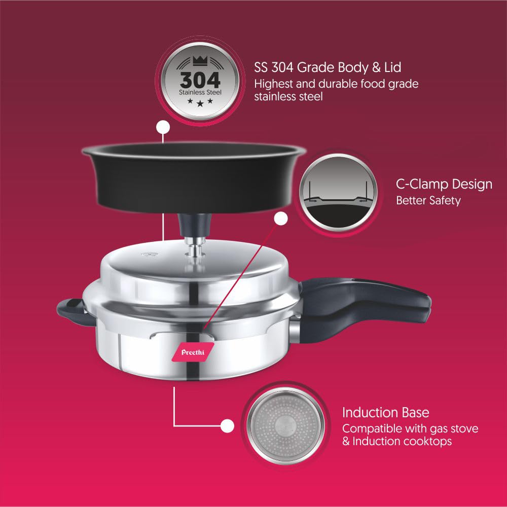 Preethi Stainless Steel Outer Lid 3 Litre Pressure Cooker with Spill Splash Shield For Zero Spill and Zero Splash (Induction Base)