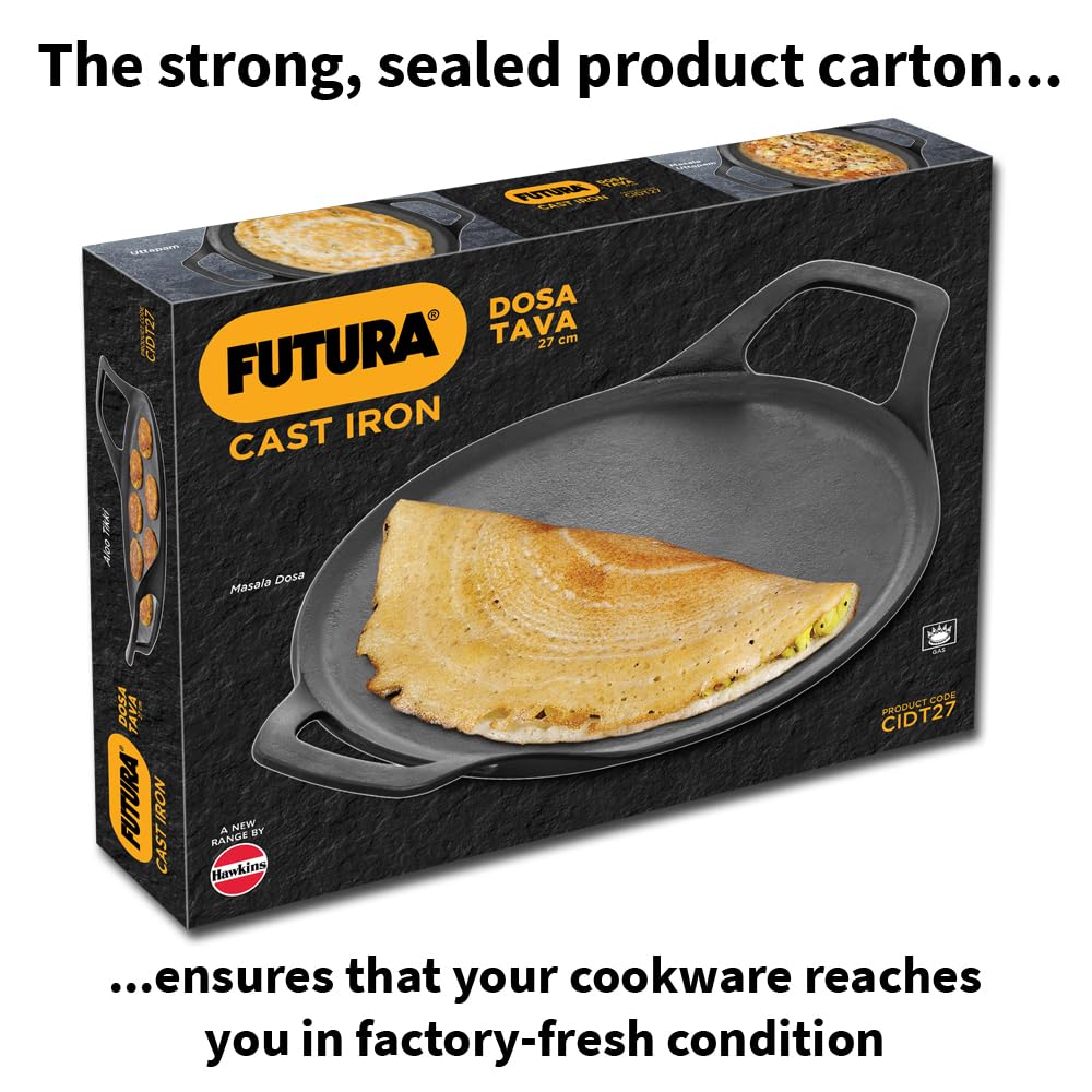 Hawkins Futura 27 cm Cast Iron Dosa Tava, Pre-Seasoned Cast Iron Flat Tawa for Roti, Cast Iron Cookware for Kitchen, Black (CIDT27)
