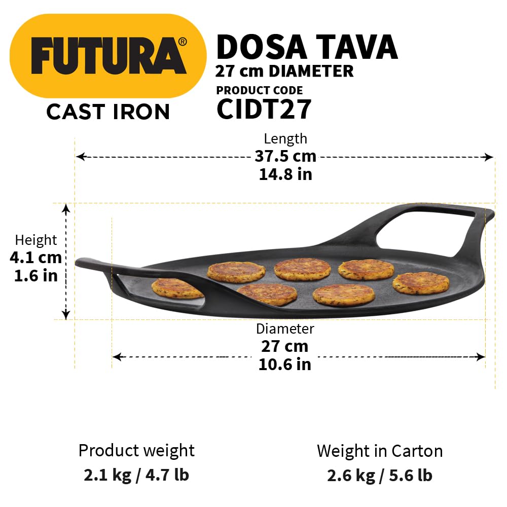 Hawkins Futura 27 cm Cast Iron Dosa Tava, Pre-Seasoned Cast Iron Flat Tawa for Roti, Cast Iron Cookware for Kitchen, Black (CIDT27)