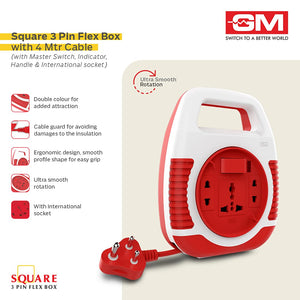 GM Modular 3045-Square 3 Pin Flex Box 4 Meter (with Handle, Indicator & International Socket)