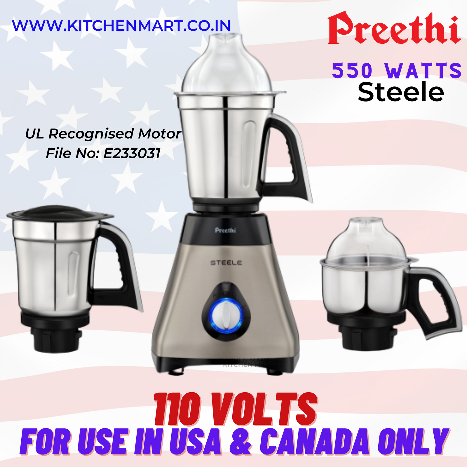 Preethi Steele MG 206 110 V, 550-Watt Mixer Grinder (Silver/Black), 110 volts for use in USA and Canada only