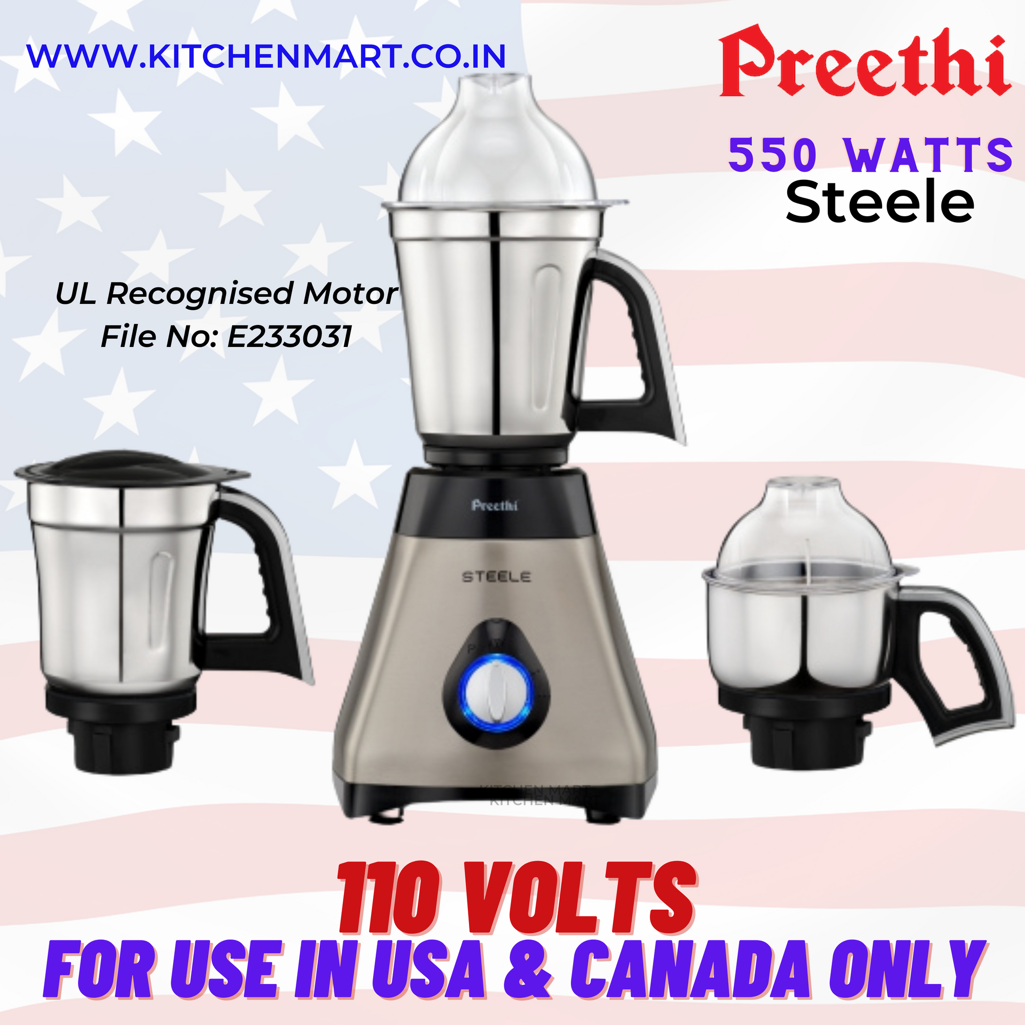 Preethi Steele MG 206 110 V 550 Watt Mixer Grinder Silver Black