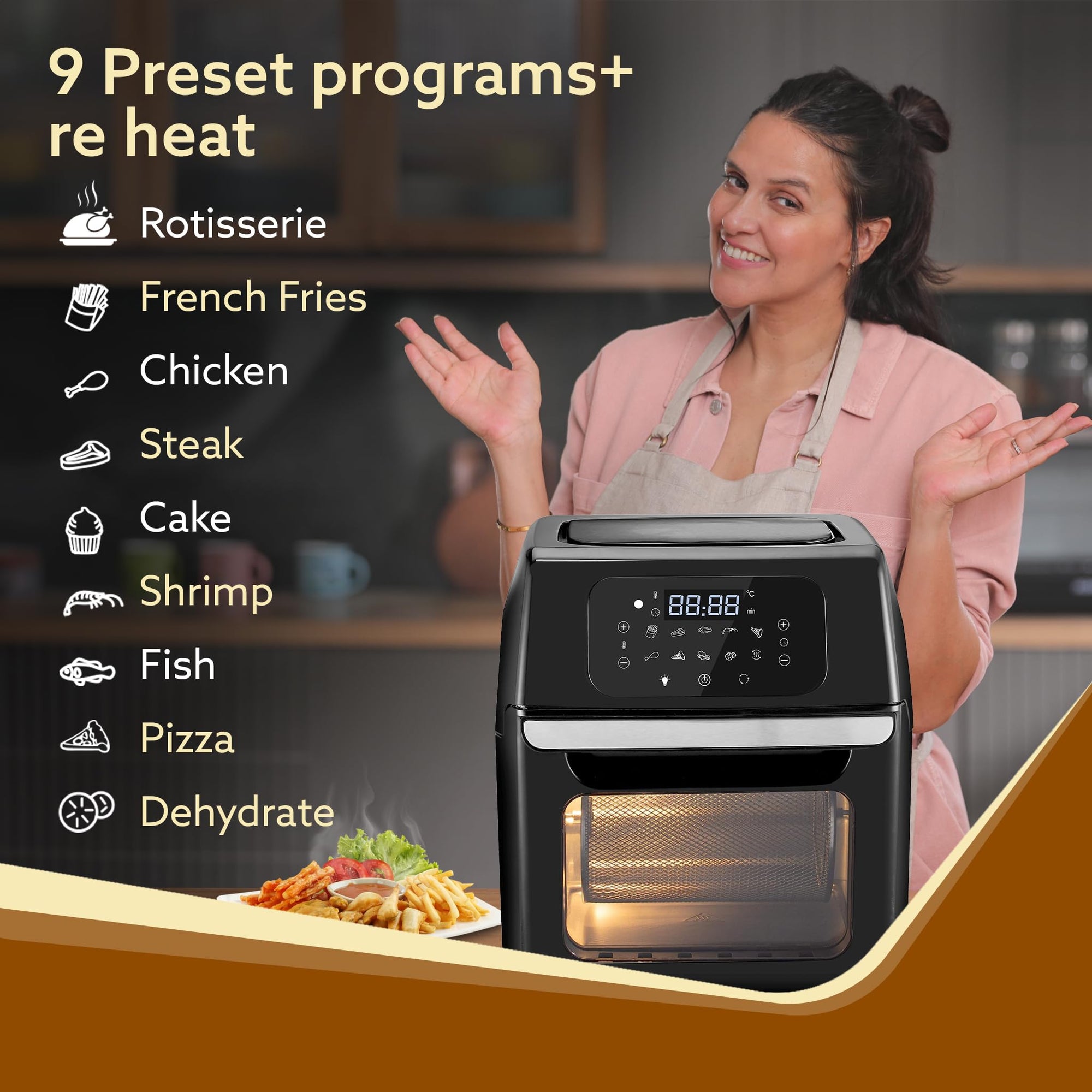 AGARO Prima Digital Air Fryer For Home, 12 liters, Electric Oven, 1800W, 9 Preset Programs, Keep Warm Function Digital Panel,Fry, Bake, Roast, Toast, Black
