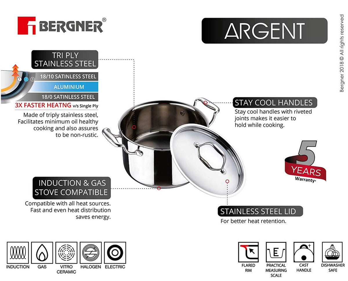 Bergner Argent Triply Stainless Steel Casserole with Lid